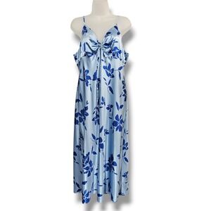 Babydoll Maxi Slip Dress L Blue Floral Satin Softgirl Cottage Fairycore Sexy